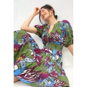 Anthropologie Conditions Apply Puff-Sleeve Tiered Midi Dress Green Floral Size 0